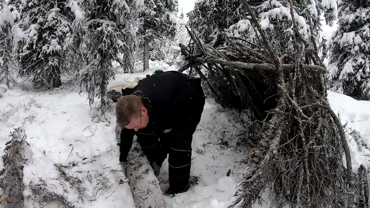 Winter Survival Camping with 4 yr old in Alaska - Primitive Survival Shelter