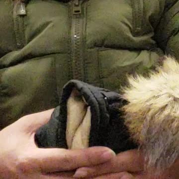 Man holds strange looking stuffed toy puppet, sleeps on subway train