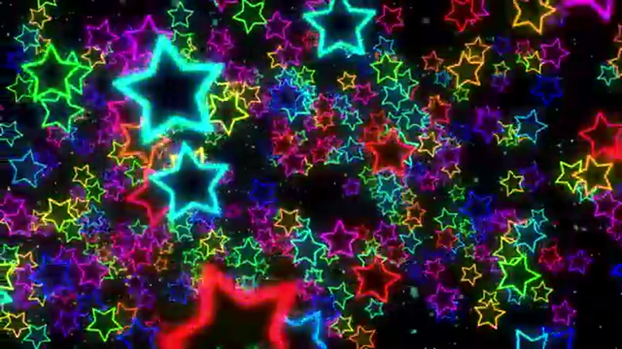 Bright colorful neon stars flying in a black background