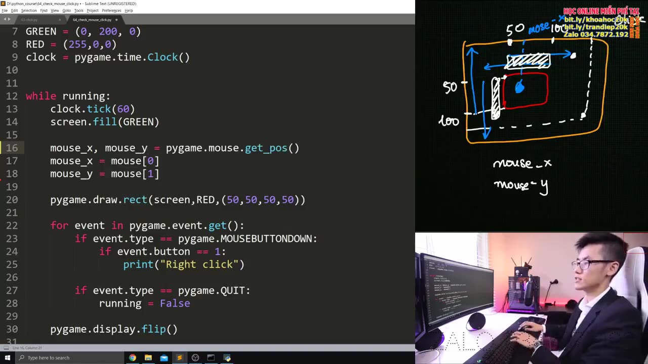 64. Check nút bấm-Khóa học Lập trình Python- DLTT- Làm GUI với Pygame-P11