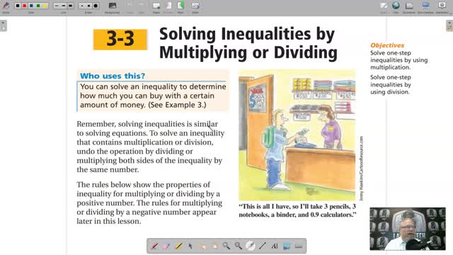 Algebra 1 - Chapter 3, Lesson 3 - Solving Inequalities by Multiplying or Dividing