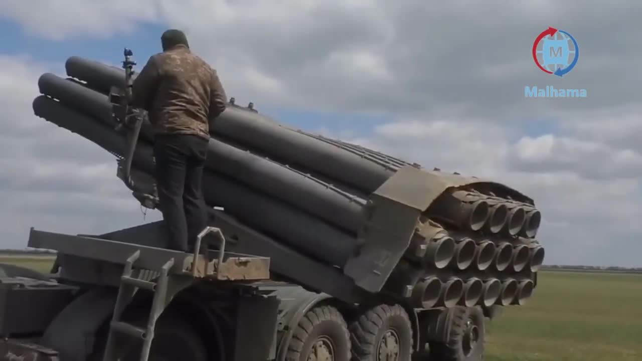Ukrainian BM-27 Uragan MRLS in Mykolaiv Oblast launching a rocket in Ukraine war footage 2022