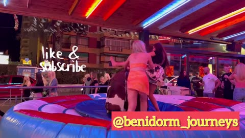 Fire girls rides a Bull in Benidorm _ Bull Riding