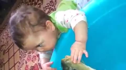 small baby play with fish with water