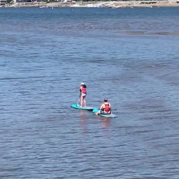 Two people on paddle boards lake