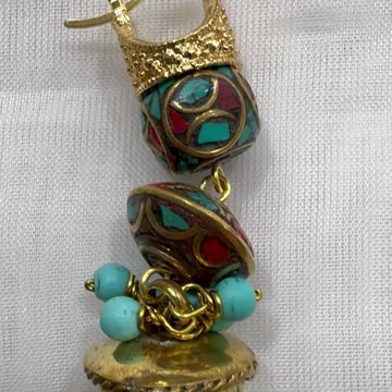 Handmade Unique 3.25” 18KGP Drop Earrings with Coral, Turquoise, Tibetan Beads