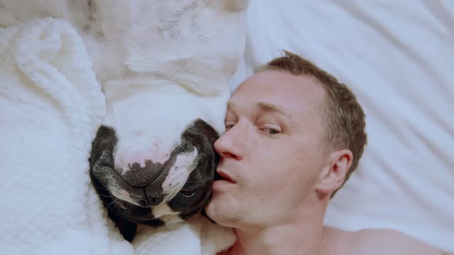 Close Up Of A Man With His Dog In Bed