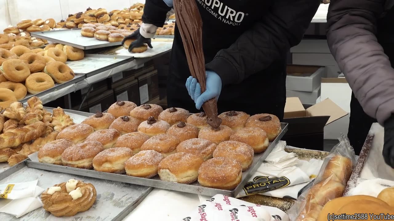 Filling up tons of Pastries with Creams. Italian Street Food Pastries from Naples