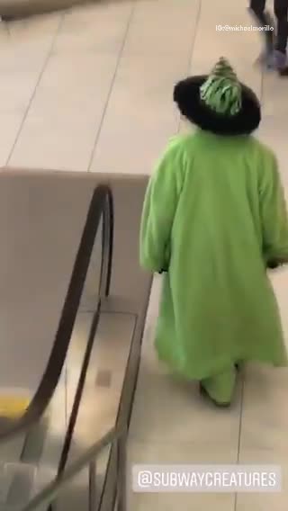Green wizard walks down stairs