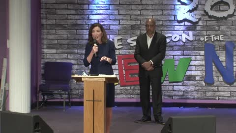 New York Governor Kathy Hochul speaks at a community church