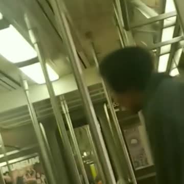 Three friends encounter a homeless man on a wheelchair making loud noises in a subway train