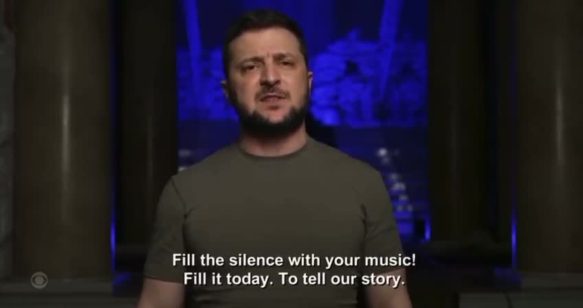 Volodymyr Zelensky appears in video message at 2022 Grammys