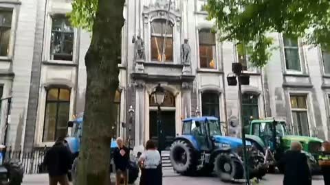 Holandští farmáři parkují své traktory před Senátem v Haagu