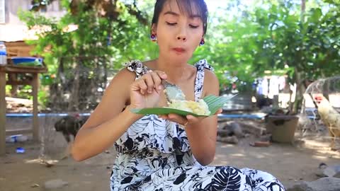 Primitive Technology_ Cooking Durian Sticky rice Dessert recipe_Cooking skill_Khmer Survival Skills