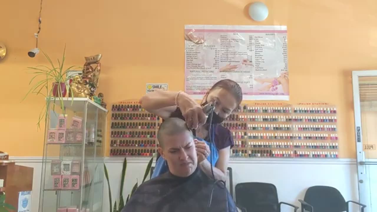 Long hair to buzz cut in salon