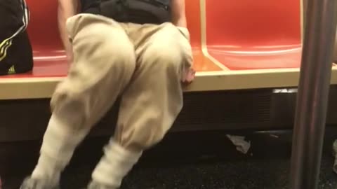 Rents to high old guy working out on train orange seats