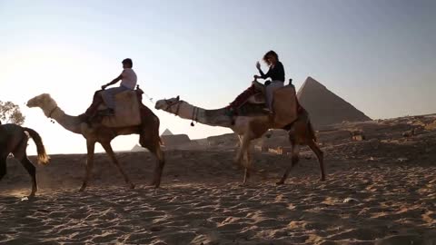 Egyptian man riding a horse and leading tourists on a camel at pyramids of Giza