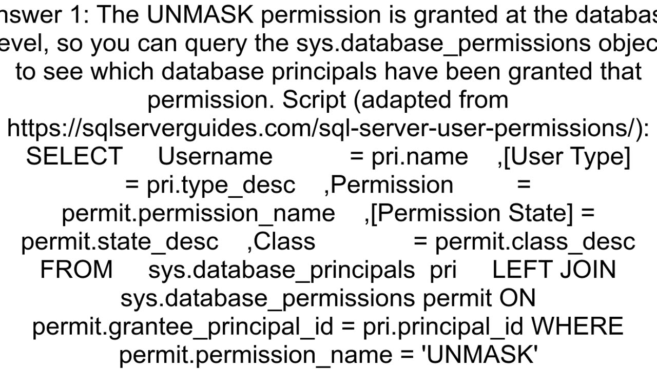 how can i see all users who have unmask permissions on a db sql server