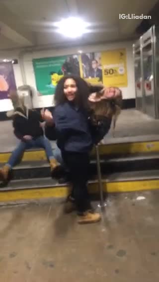Jacket woman freaks out jumps around on subway steps