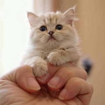 Very small little cat in human thumb holding
