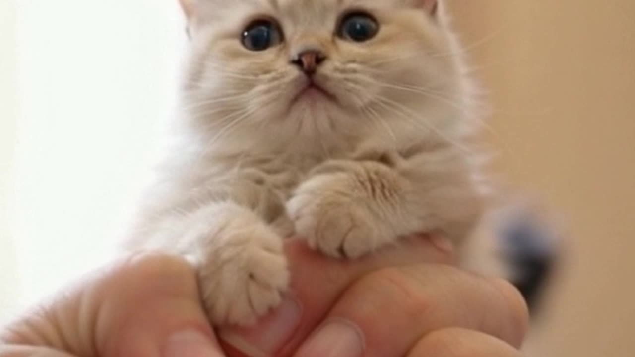 Very small little cat in human thumb holding