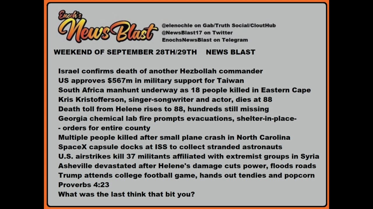 Weekend of September 28/29, 2024 News Blast