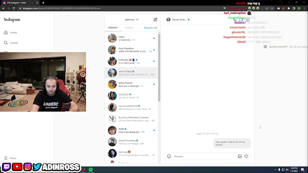 Adin Ross Exposed DMing Jenna Ortega While In Relationship With Pami