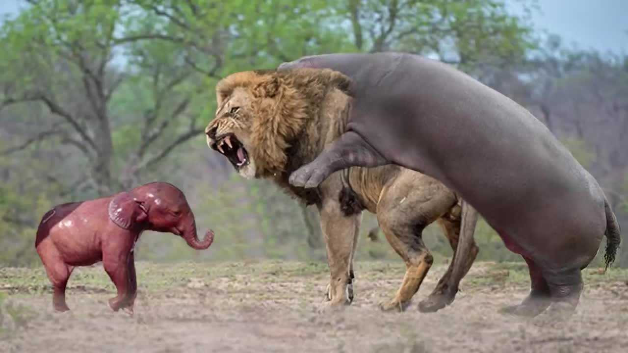 OMG! Hippo Chew Lion’s Head To Save Baby Hippo Mother Elephant Protect Baby From Lion Hunt