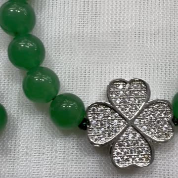 Handmade Unique 5”~10” Adj Bracelet with Cubic Zirconia (CZ) Clover, Aventurine