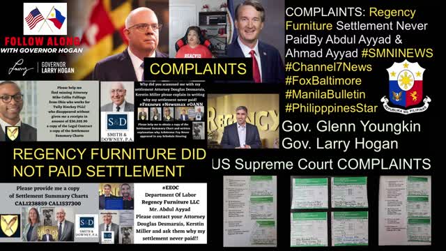 #OneNewsPage #RegencyFurnitureLLC #GovGlennYoungkin #GovLarryHogan Regency Furniture INC Employee Victim Settlement Never Paid #TullyRinckeyPLLC #SmithDowneyPA #SupremeCourtJusticesComplaints #DCBAR #AAA #PresidentJosephBiden #PresidentBongBongMarcos