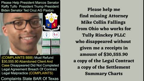 Mike C. Fallings Esq Attorney At Law - Tully Rinckey PLLC Austin Texas - Refund $30, 555.90 Breach Of Contract Legal Malpractice Abandoned Case Abandoned Client - Senator Raffy Tulfo - President Marcos - One News Page - SMNI News