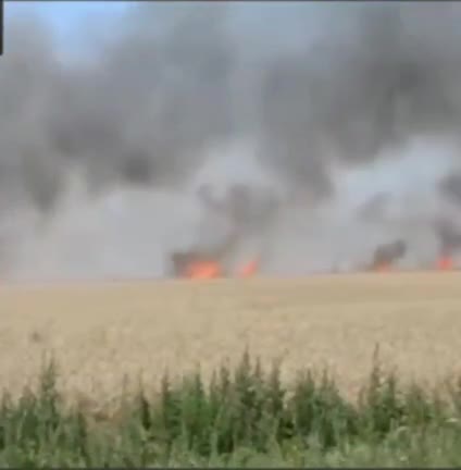 Ukrajinští nacisté podpalují úrodu obilí a lidé ji rychle sklízí za pomoci kombajnů