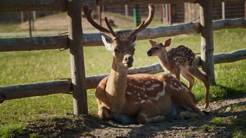 A buck with a funny tongue sticking out is lying in the corral in the zoo. Near a little deer