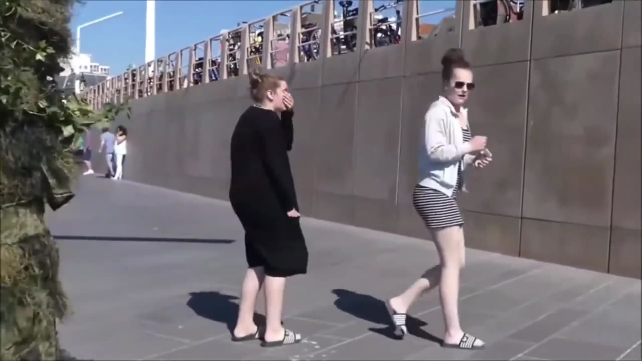 "Bushman Prank: Hilarious Reactions on Public Walkway!"