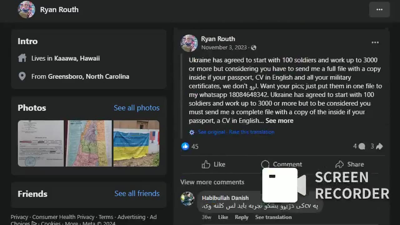 Ryan Routh's FACEBOOK Page Screen Recorded Before it was Deleted