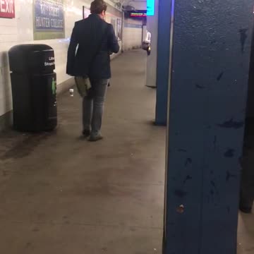 Guy blue shirt black satchel practicing fighting subway platform