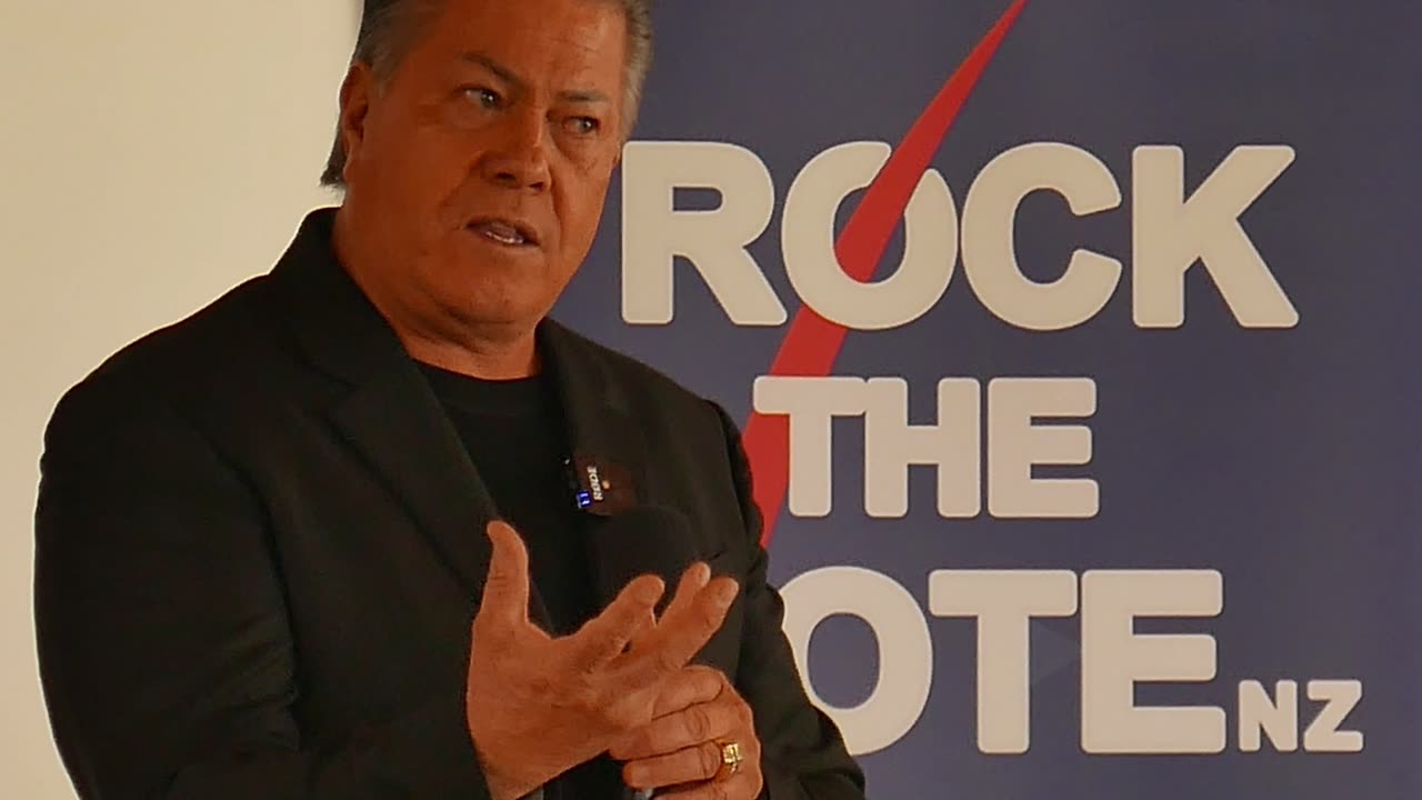 Photos of Freedoms NZ Co-leader, Brian Tamaki speaking at a Rock The Vote NZ event during the 2023 General Election campaign