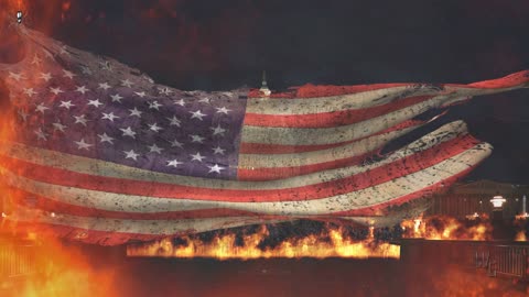 Battered American Flag Flying in Flames Capitol Building 4K Loop