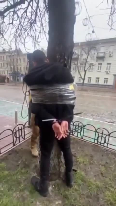 Ukraine: Ukraine nationalists beat man tied to tree