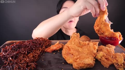 ASMR MUKBANG | Black Bean Noodles & Fried Chicken Cheese balls EATING