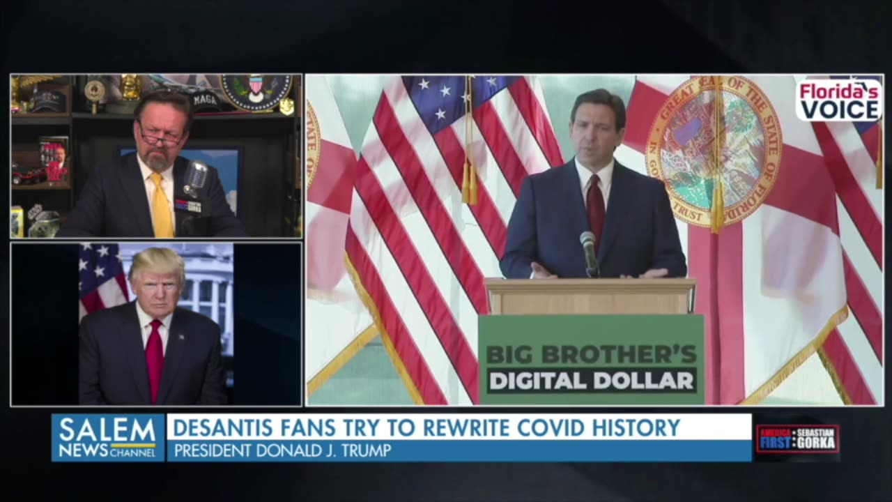 Trump talks DeSantis trying to "re-write" COVID history.