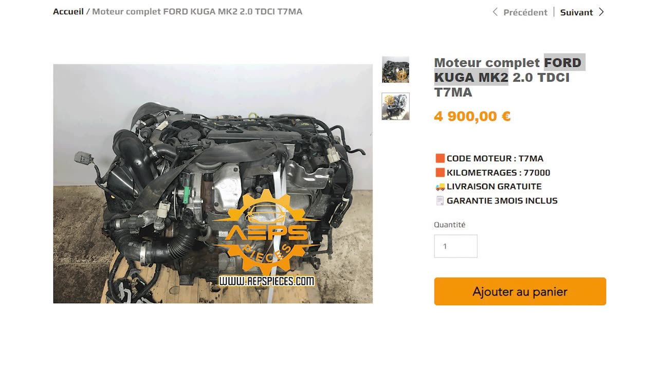 AEPSPIECES.COM - Moteur complet FORD KUGA MK2 2.0 TDCI T7MA