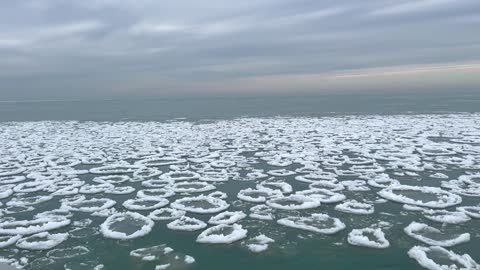 A Beautiful View of Lake Michigan on a Freezing Winter Day as Snow Accumulates on Top