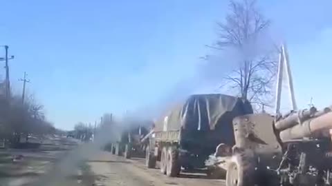 Artillery column of the Russian army in the village Volchansk (Kharkov region)
