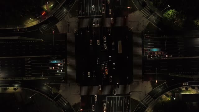 Aerial photography of urban traffic at night from God's perspective