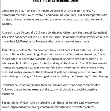 TRAIN DE-RAILMENT: Another Norfolk Southern Trail Derails - This Time In Springfield, Ohio