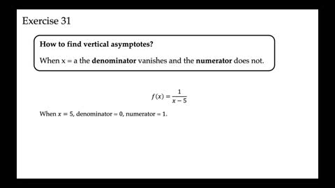 Determine the vertical asymptote(s) if one exists. f(x)=1/x-5