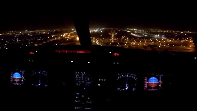 A321 Night Landing Cockpit View