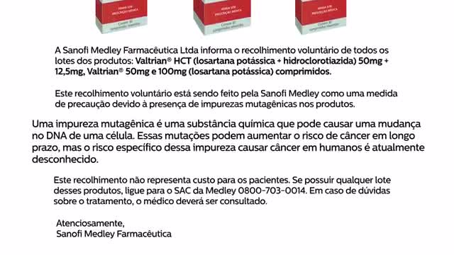 COMUNICADO RECALL SANOFI/ LOSARTANA