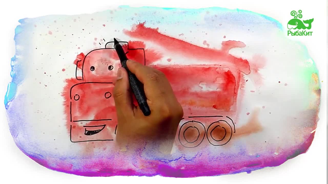 Fire truck, cartoon for children about cars. Watercolor painting. firetruck.